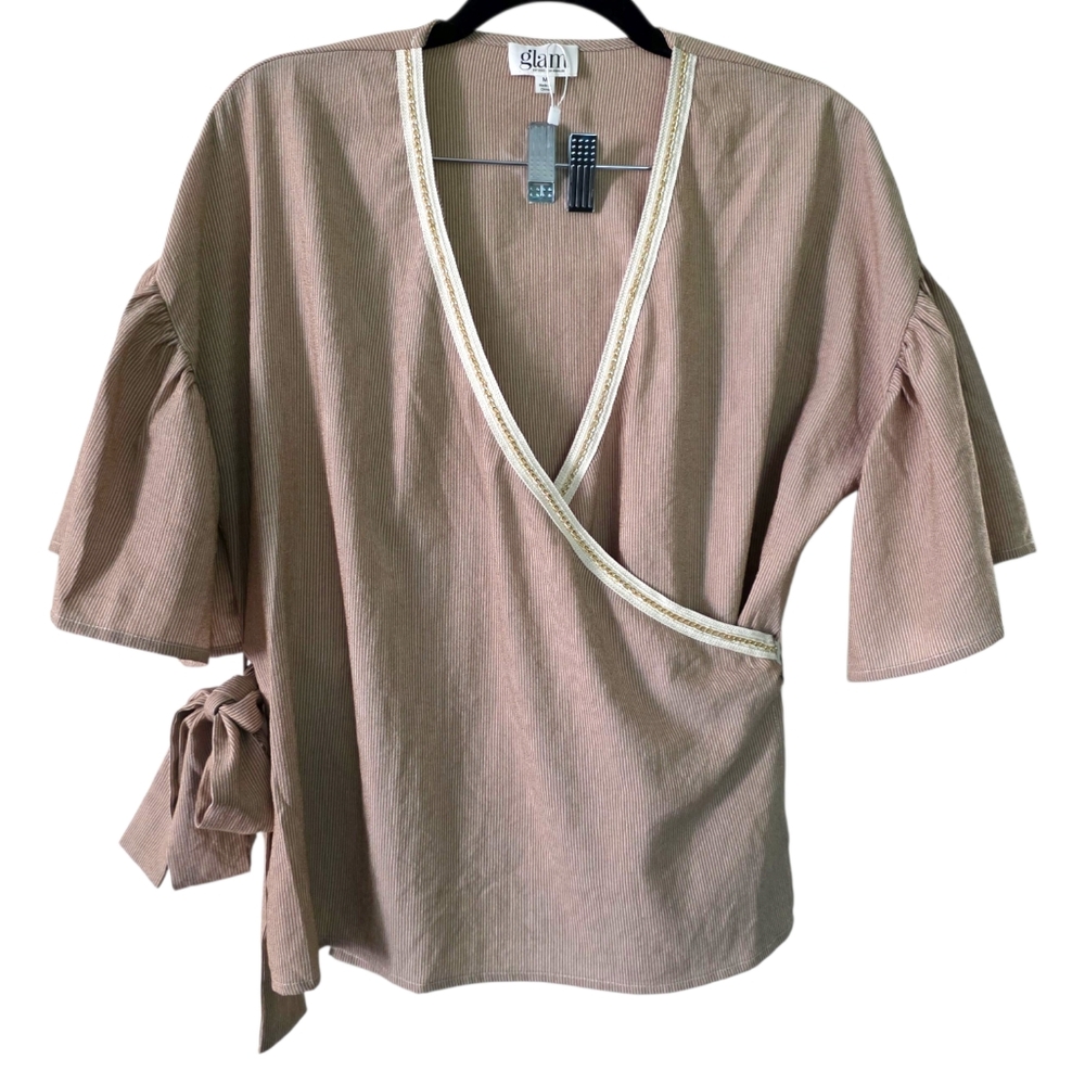Glam LA Pinstriped Flutter Sleeve Wrap‎ Blouse